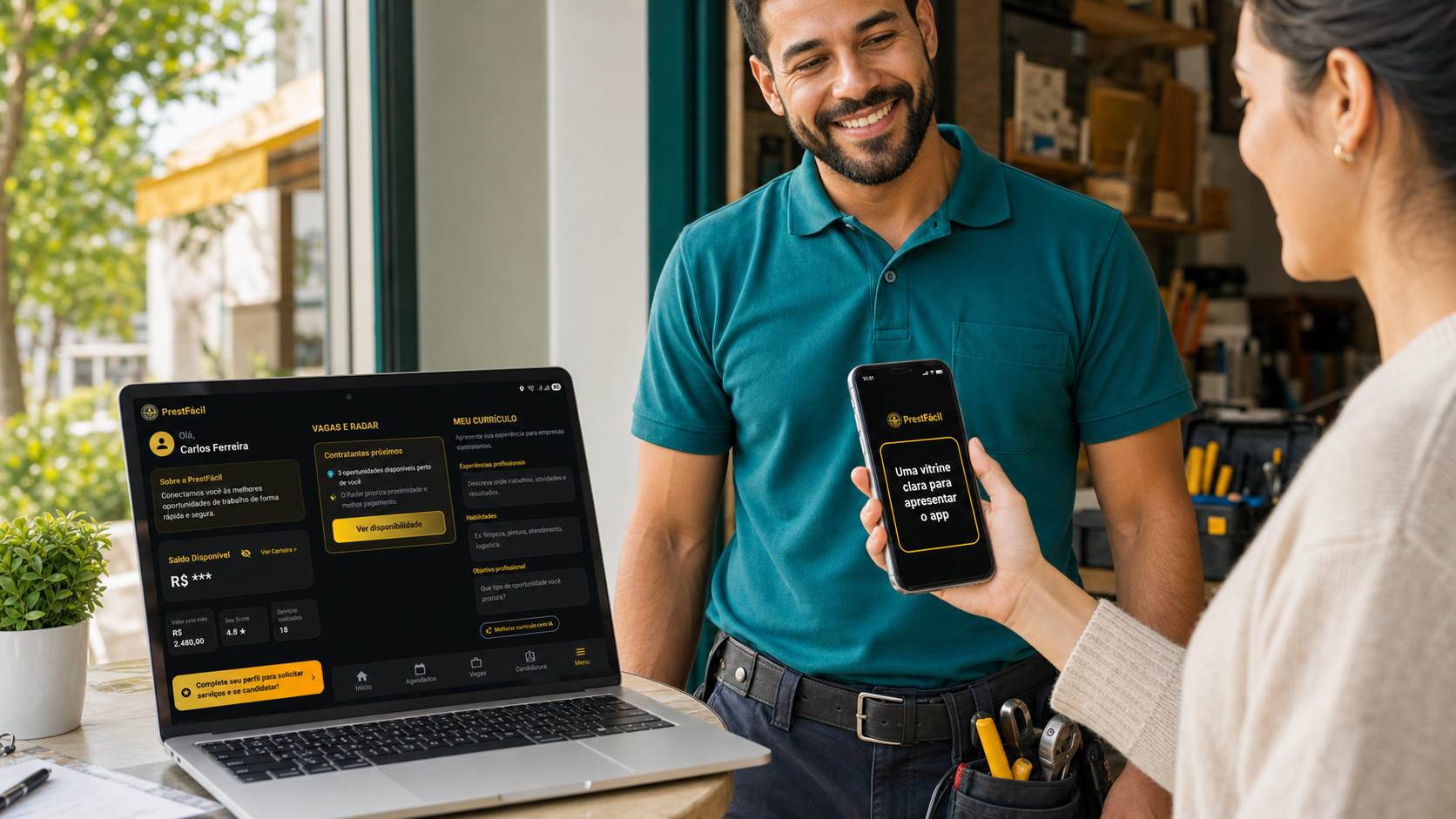 Celular e notebook exibindo o app PrestFacil perto de um profissional